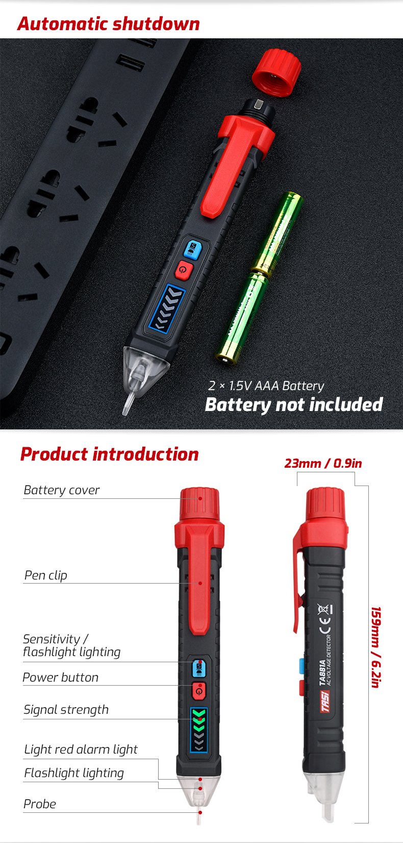 TASI TA881A Smart Non-Contact AC Voltage Test Pen (12V–1000V) – Dual Sensitivity Electrician Detector Tool - Image 6